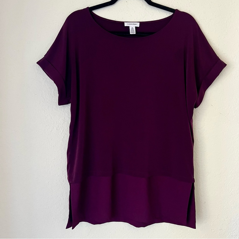 Calvin Klein Split Hem Cuffed Sleeve Oversized Soft Tunic Office Career Drapey